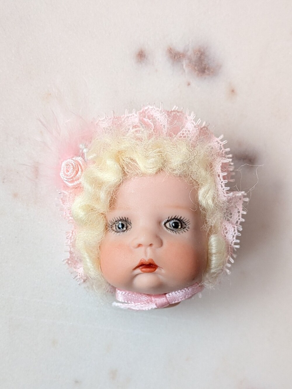 Vintage 1987 JAMCO Porcelain Bisque Doll Head Brooch Pin Pink Lace Rare
